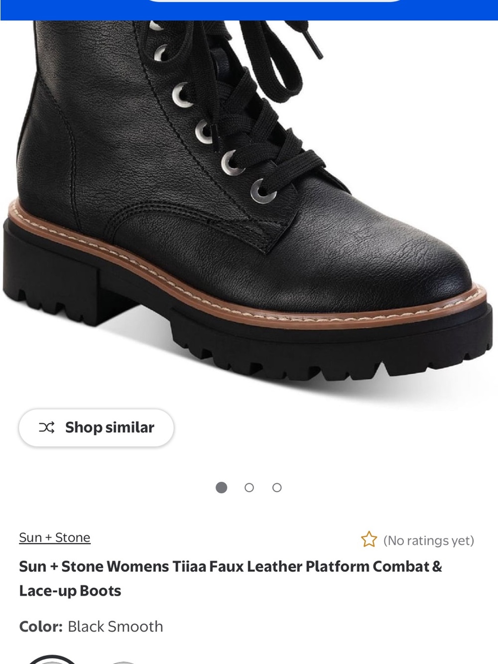 Sun + Stone Black Faux Leather Platform Combat Boots with Brown Trim